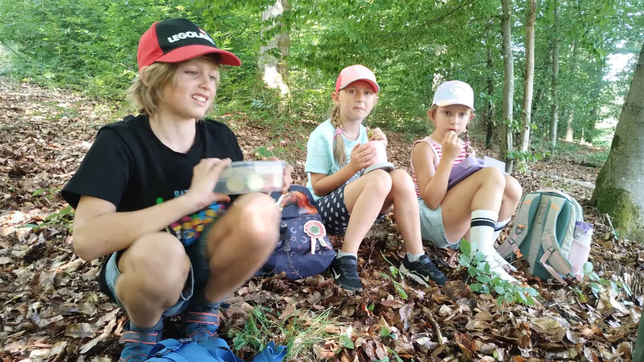Ein Foto von drei Kindern, die im Wald auf dem Boden sitzen und aus Brotdosen essen.
